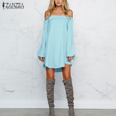 2018 Autumn ZANZEA Women Dress Sexy Strapless Mini Dresses Off Shoulder Slash Neck Long Sleeve Tops Casual Loose Solid Vestidos
