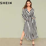 SHEIN Black And White Stripe V Neck Belted Plus Size Maxi Dress Spring Fall Office Lady High Waist Split Side Striped Dresses