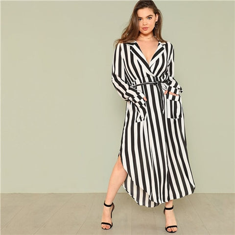 SHEIN Black And White Stripe V Neck Belted Plus Size Maxi Dress Spring Fall Office Lady High Waist Split Side Striped Dresses
