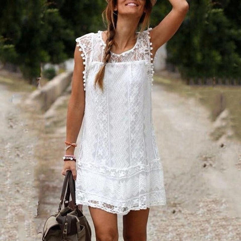 Ladies Summer White Lace Elegant Sleeveless Dress Beach Skirt