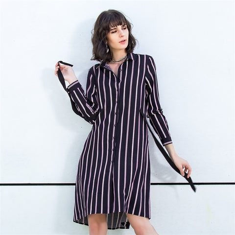 2018 Women Vintage Striped Dress Blouse Lapel Long Sleeve Shirt Dresses Tunic Casual Loose Belted Female Vestidos Plus Size Tops