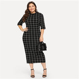 SHEIN Elegant Plaid Bodycon Plus Size Long Pencil Dresses Womens 2018 Office Lady Stand Collar Grid Print Slim Fit Dress