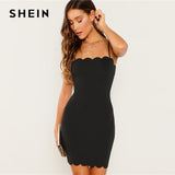 SHEIN Black Form Fitting Scalloped Cami Dress Bodycon Sleeveless Slim Short Party Dress Women Autumn Highstreet Elegant Dresses